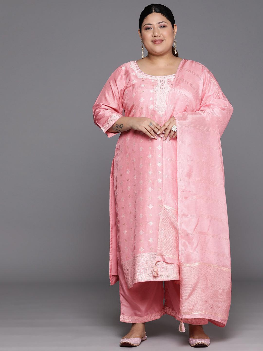 Plus Size Pink Woven Design Silk Blend Straight Suit Set - Libas