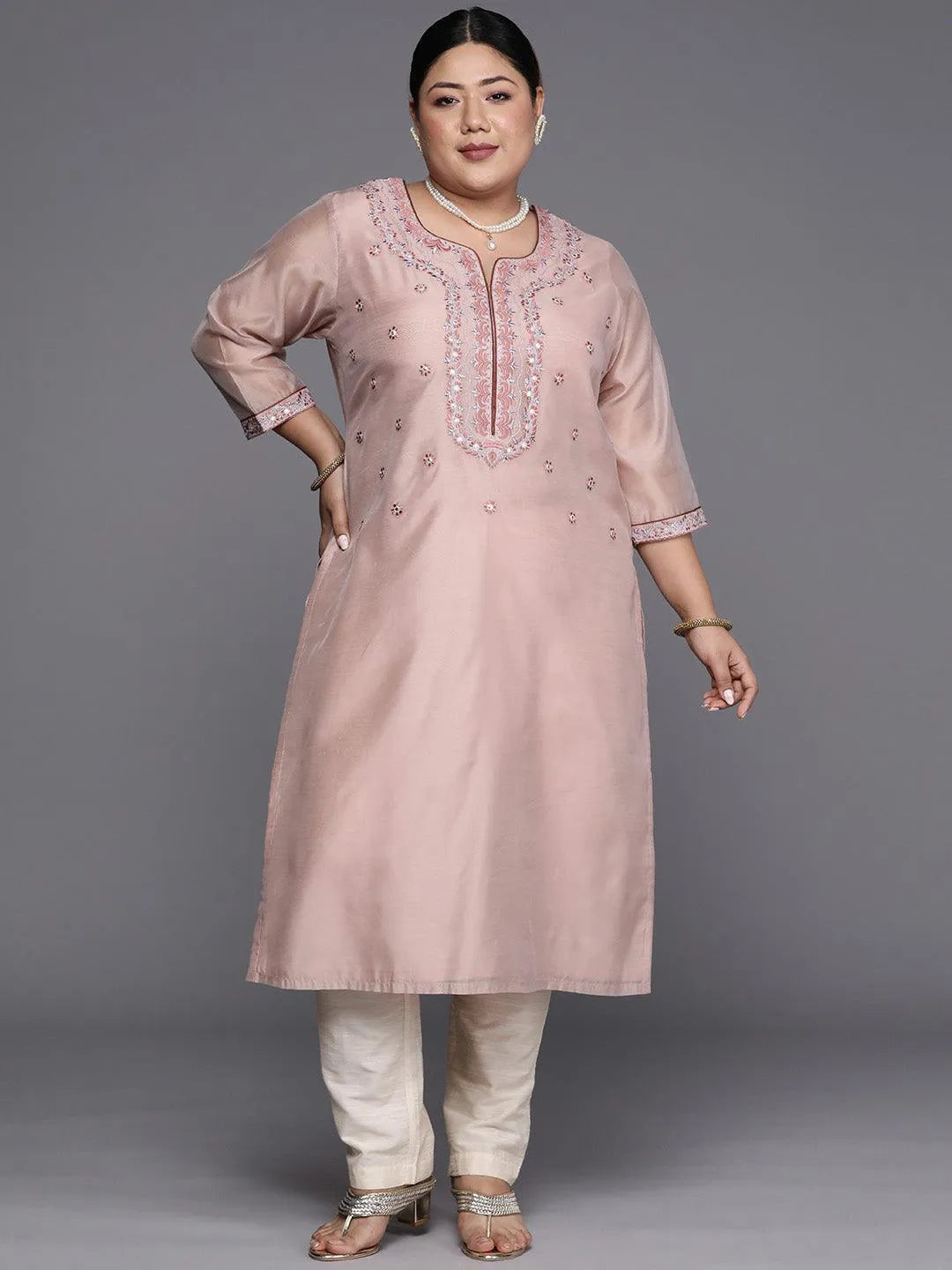 Plus Size Pink Yoke Design Chanderi Cotton Straight Kurta - Libas