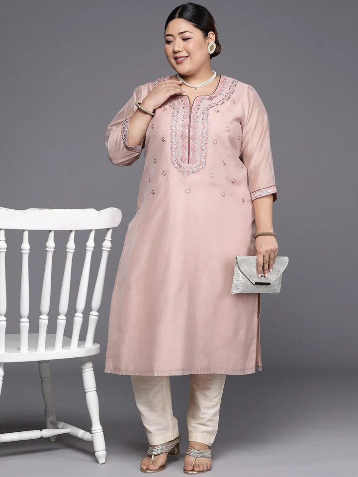 Plus Size Pink Yoke Design Chanderi Cotton Straight Kurta - Libas