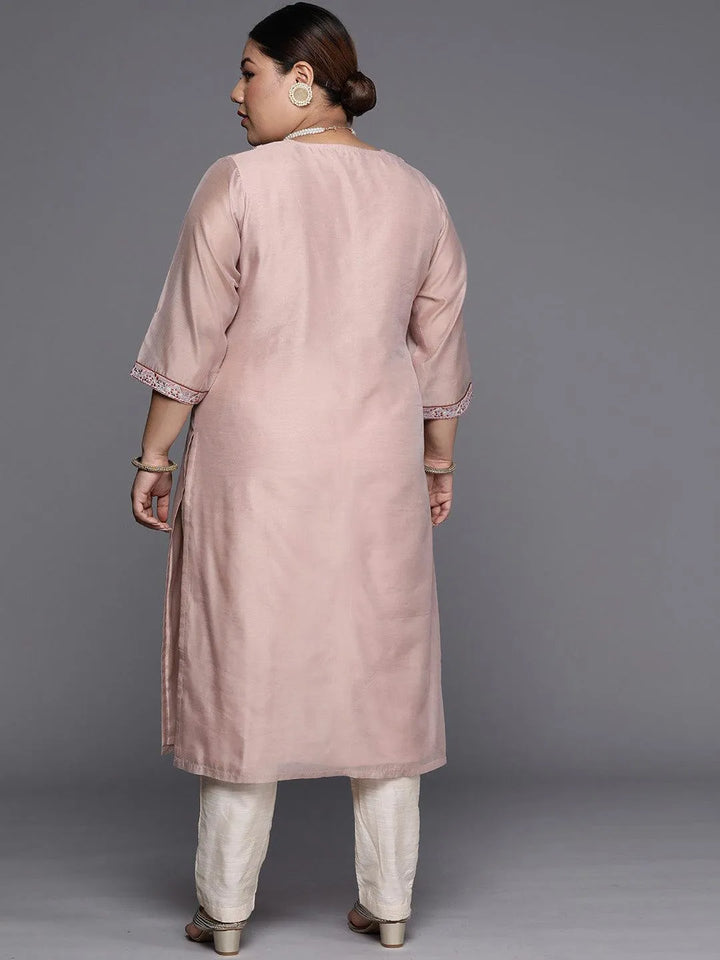 Plus Size Pink Yoke Design Chanderi Cotton Straight Kurta - Libas