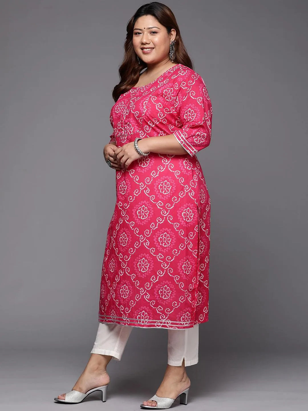 Plus Size Pink Yoke Design Cotton Straight Kurta - Libas