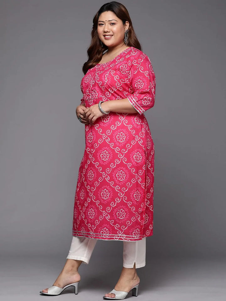 Plus Size Pink Yoke Design Cotton Straight Kurta - Libas