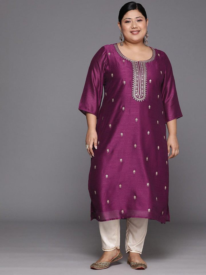 Plus Size Purple Embroidered Silk Straight Kurta - Libas