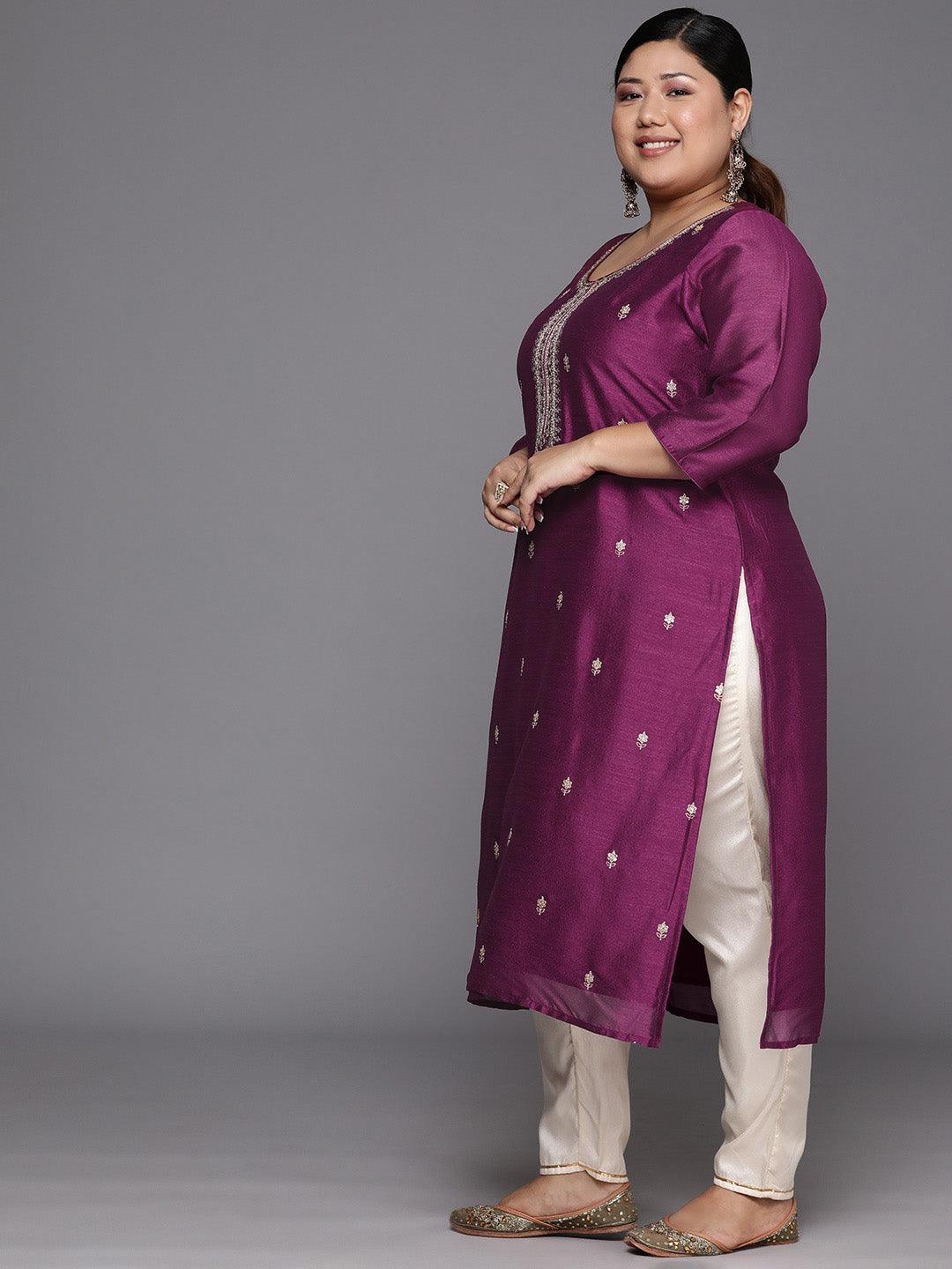 Plus Size Purple Embroidered Silk Straight Kurta - Libas