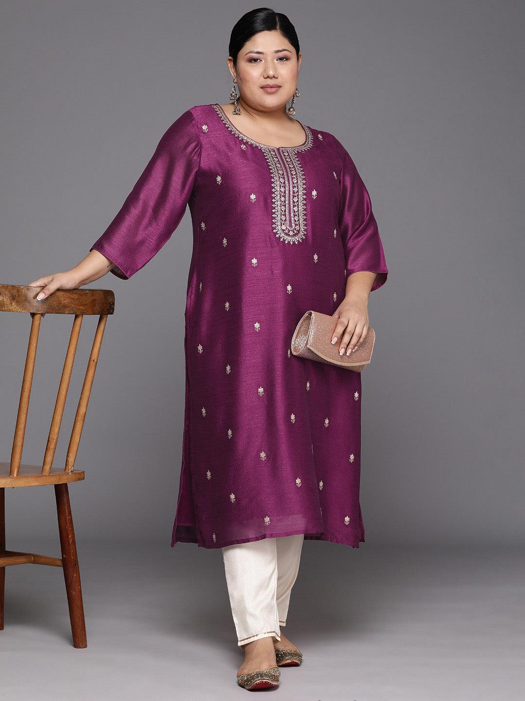 Plus Size Purple Embroidered Silk Straight Kurta - Libas