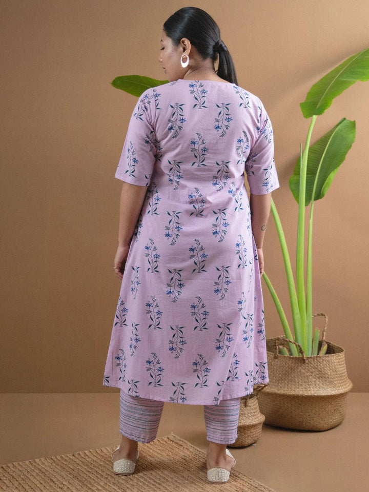 Plus Size Purple Printed Cotton Kurta Set - Libas