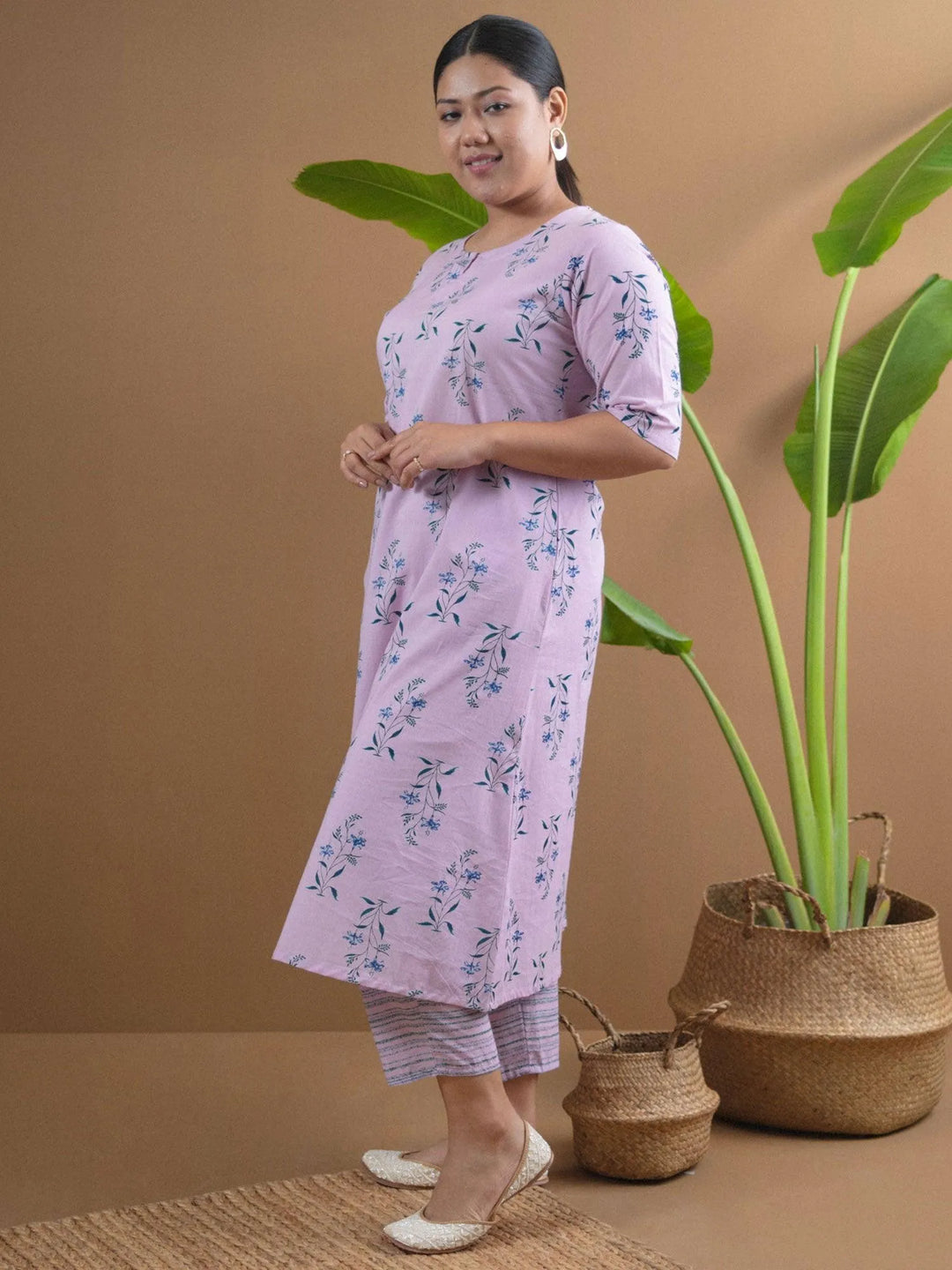 Plus Size Purple Printed Cotton Kurta Set - Libas