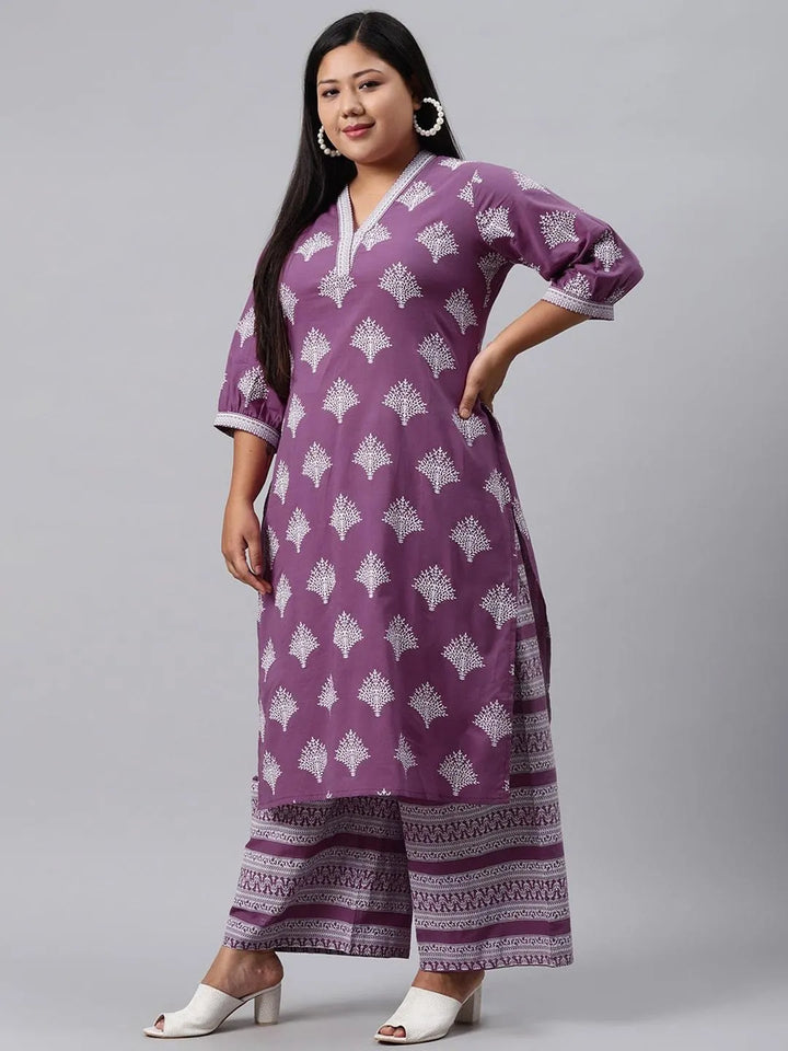 Plus Size Purple Printed Cotton Kurta - Libas