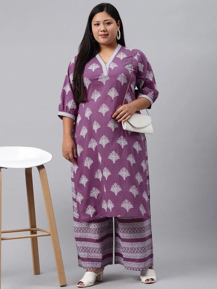 Plus Size Purple Printed Cotton Kurta - Libas