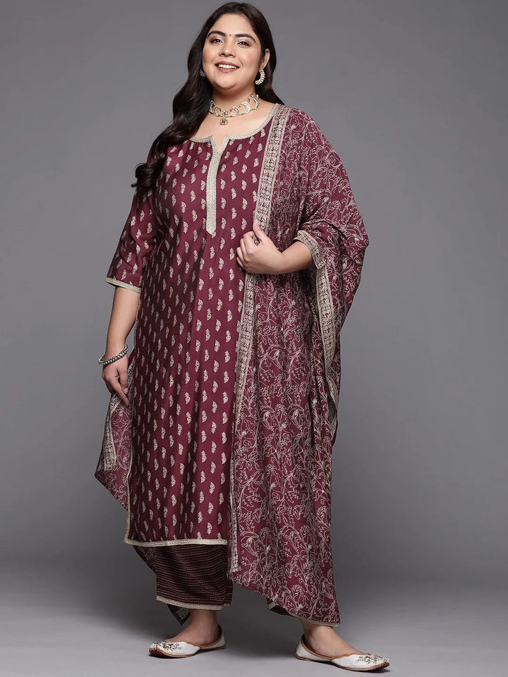 Plus Size Purple Printed Silk Blend Straight Suit Set - Libas