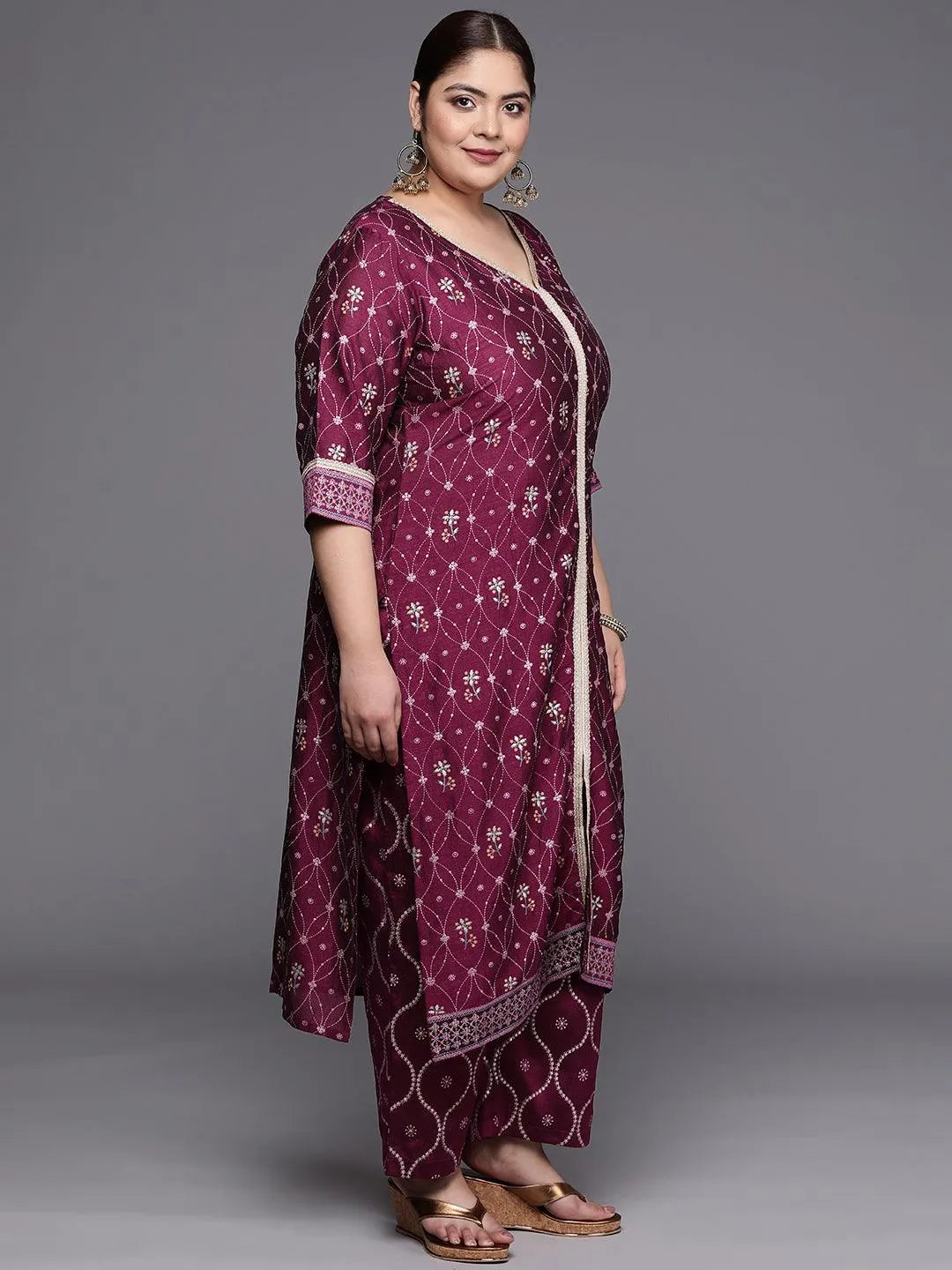 Plus Size Purple Printed Silk Blend Straight Suit Set - Libas 