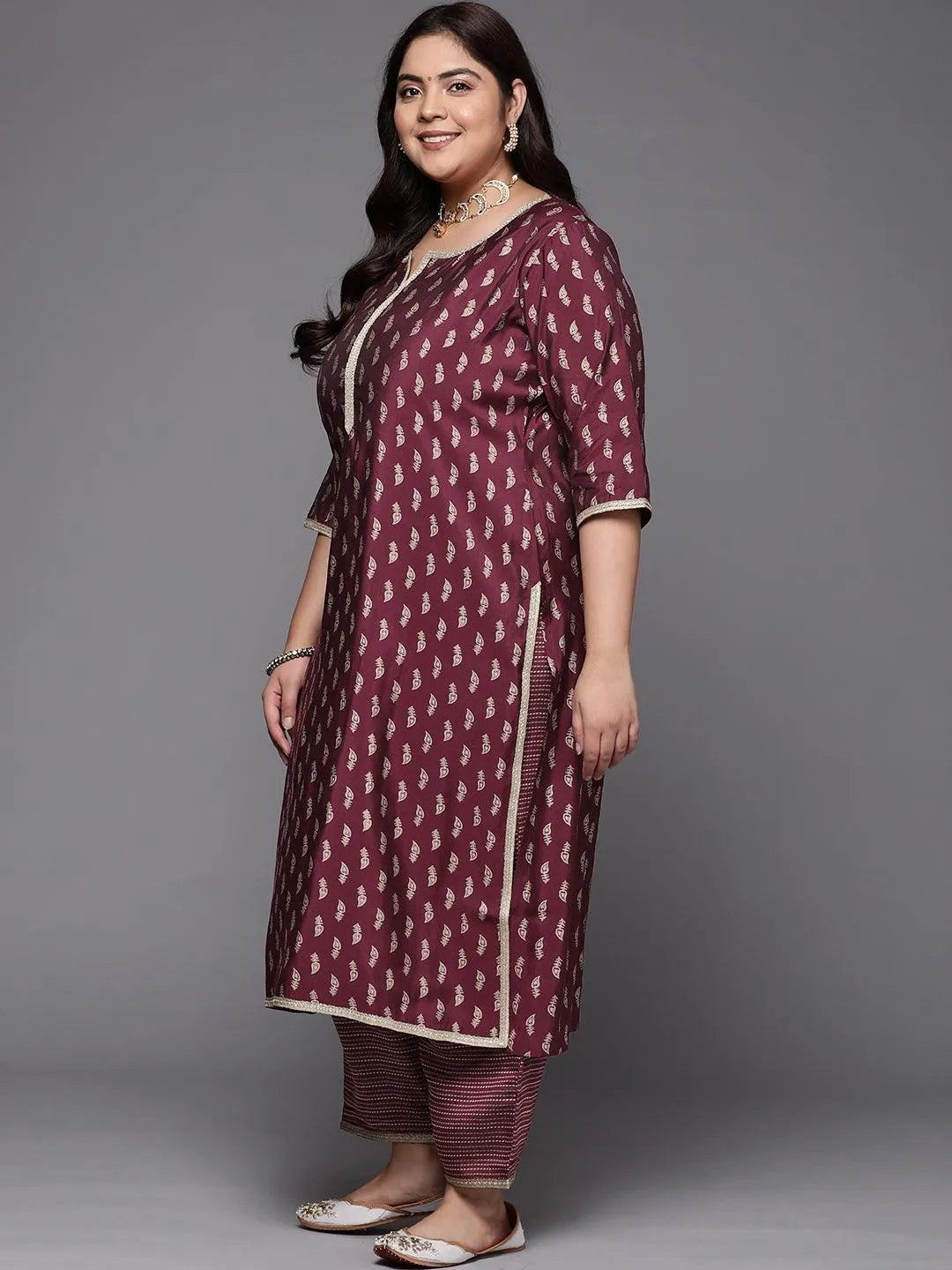 Plus Size Purple Printed Silk Blend Straight Suit Set - Libas