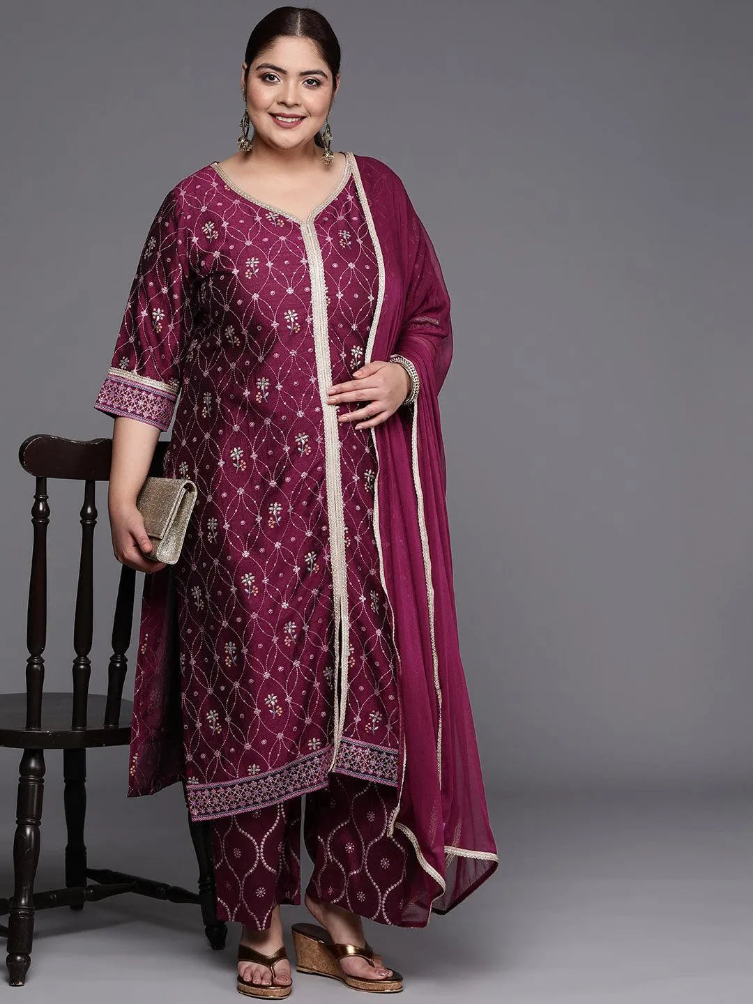 Plus Size Purple Printed Silk Blend Straight Suit Set - Libas 