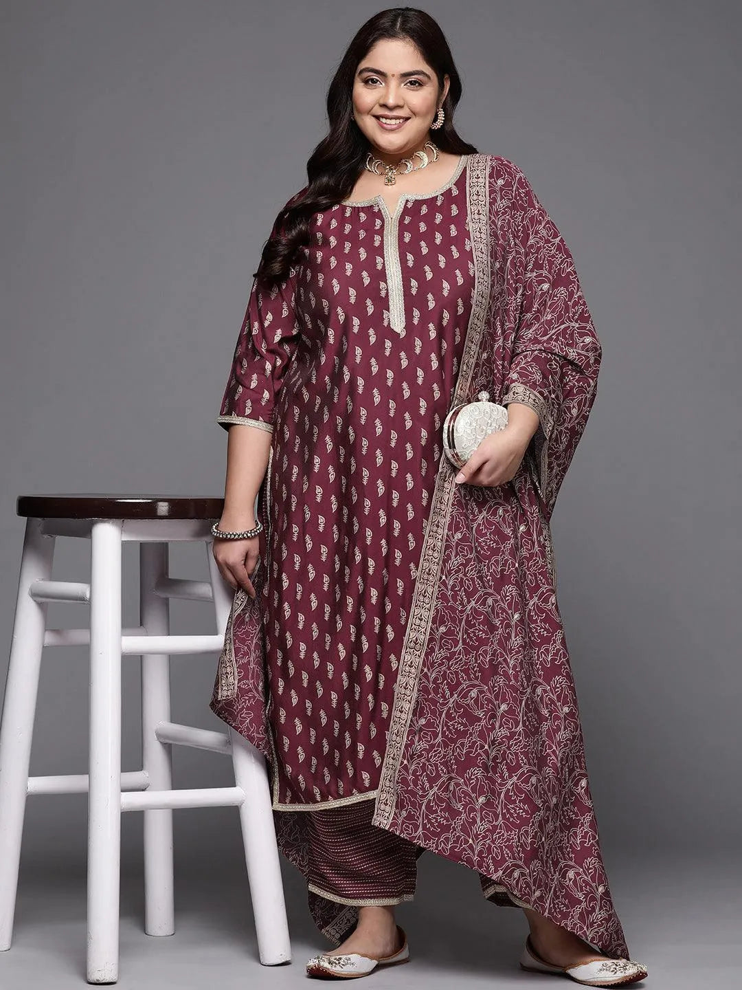 Plus Size Purple Printed Silk Blend Straight Suit Set - Libas 