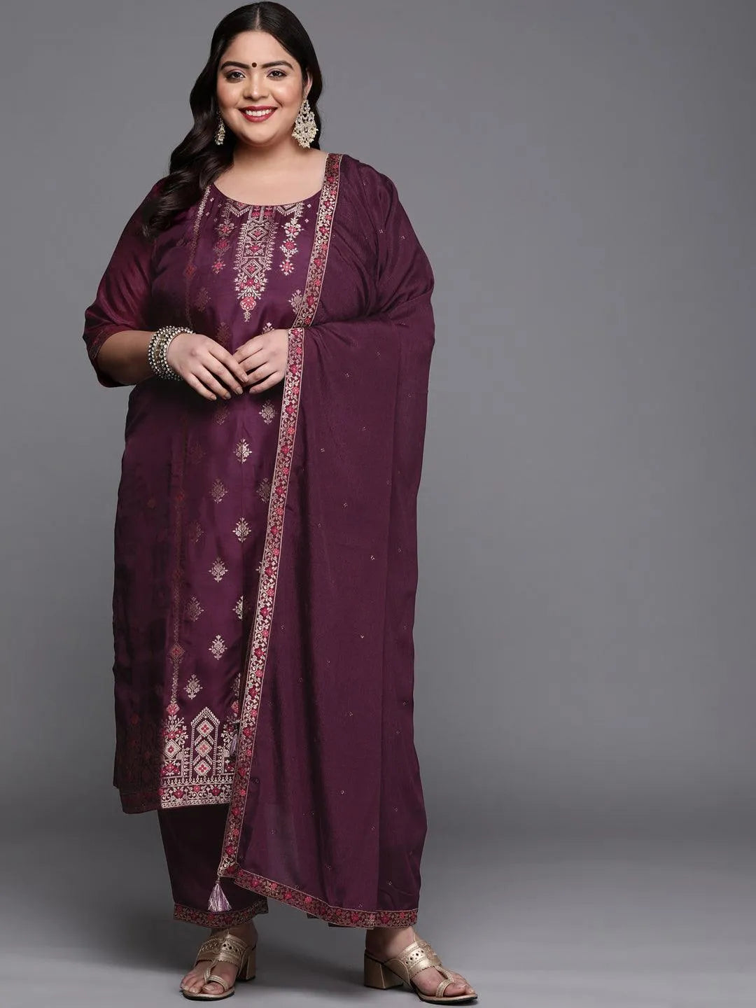 Plus Size Purple Self Design Silk Blend Suit Set - Libas 