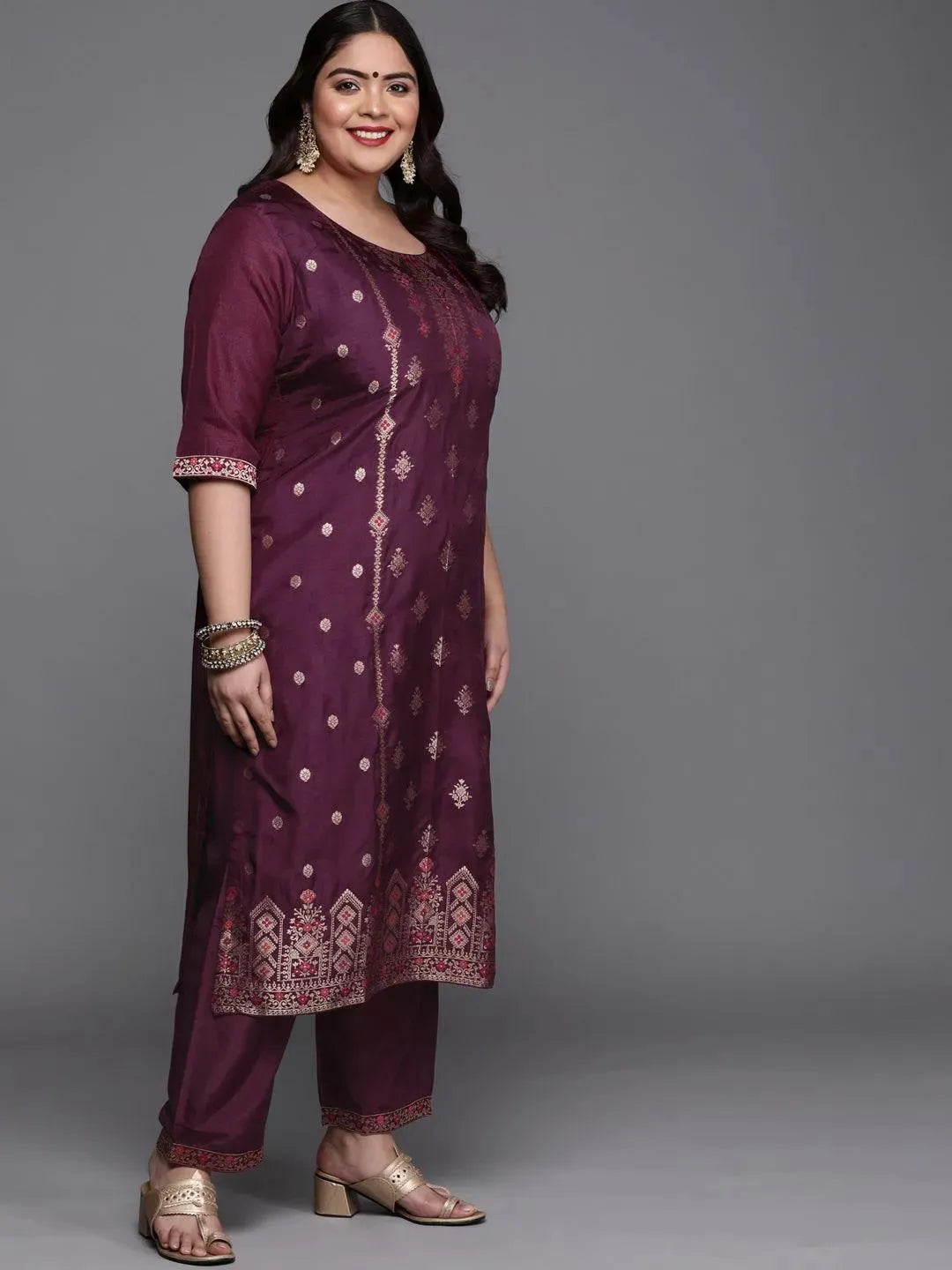 Plus Size Purple Self Design Silk Blend Suit Set - Libas 