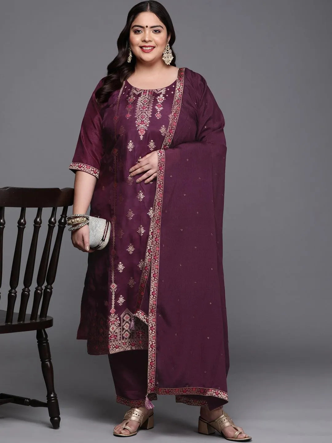 Plus Size Purple Self Design Silk Blend Suit Set - Libas