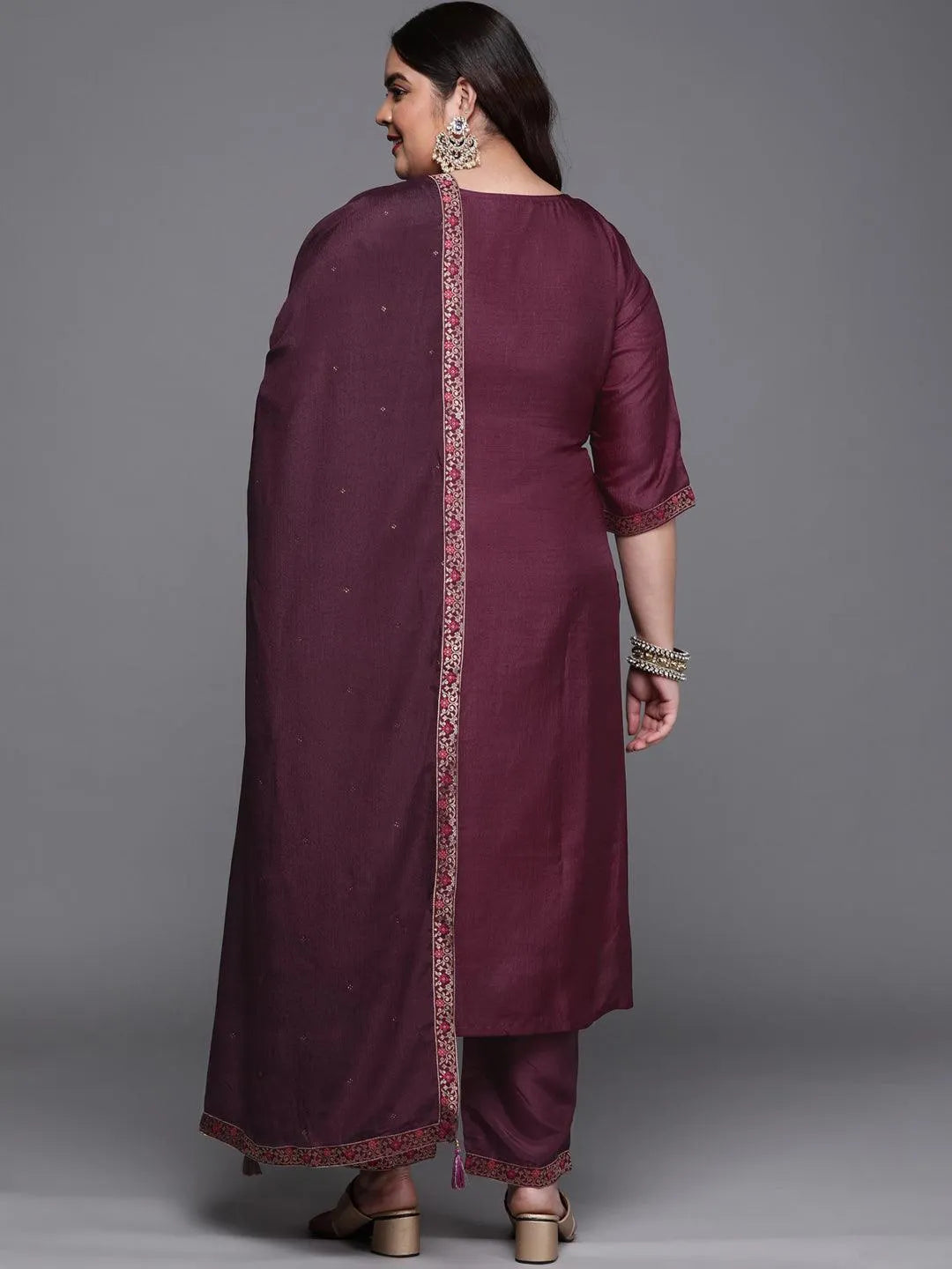 Plus Size Purple Self Design Silk Blend Suit Set - Libas 