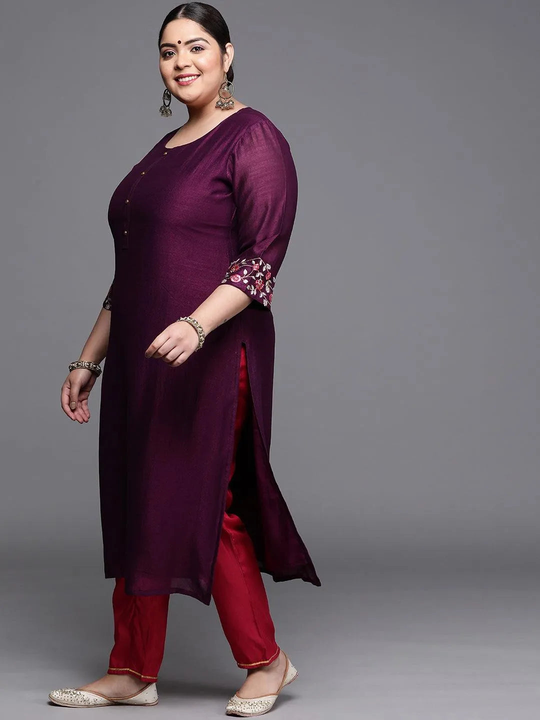 Plus Size Purple Solid Silk Kurta - Libas