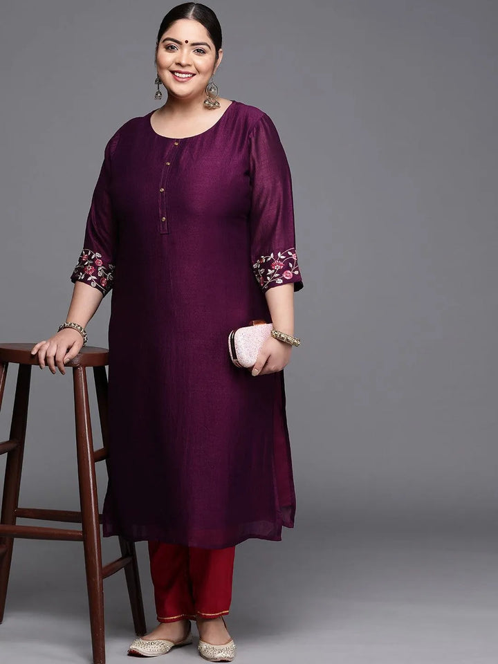 Plus Size Purple Solid Silk Kurta - Libas