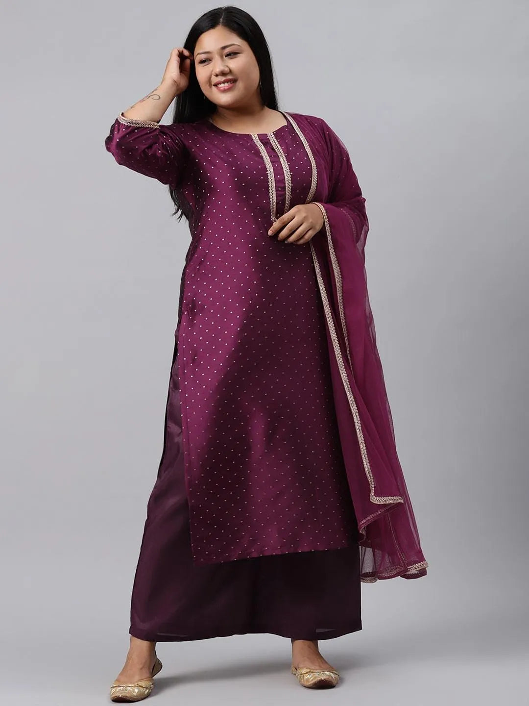 Plus Size Purple Woven Design Art Silk Suit Set - Libas