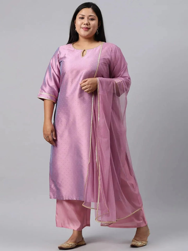 Plus Size Purple Woven Design Art Silk Suit Set - Libas