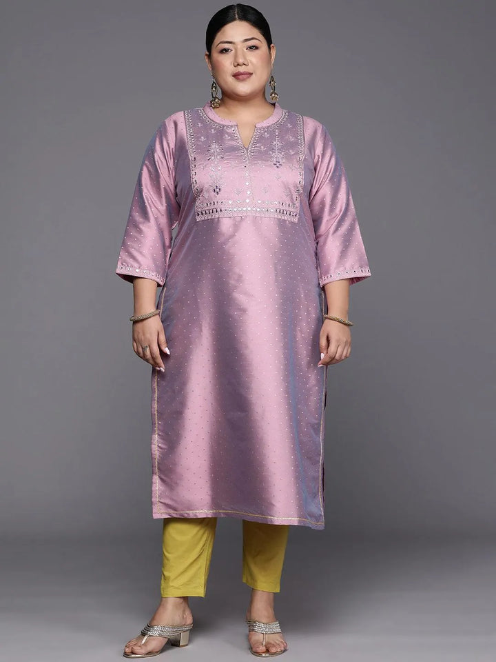 Plus Size Purple Yoke Design Art Silk Straight Kurta - Libas