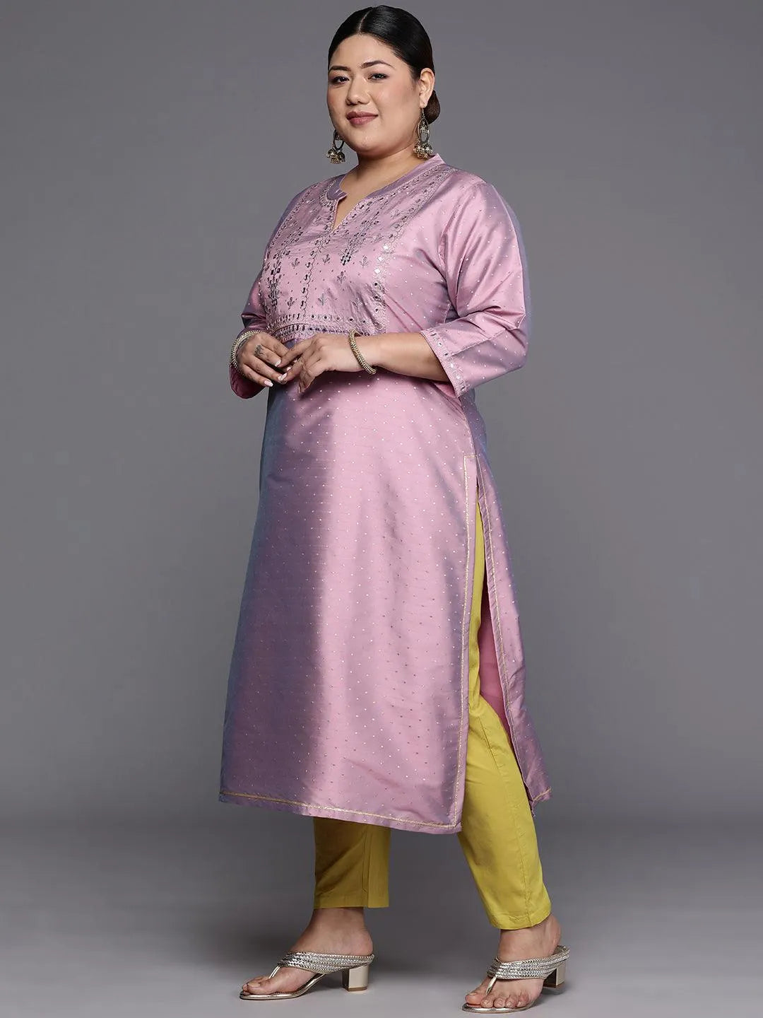 Plus Size Purple Yoke Design Art Silk Straight Kurta - Libas