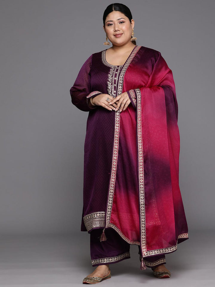 Plus Size Purple Yoke Design Chiffon Straight Kurta With Trousers & Dupatta - Libas