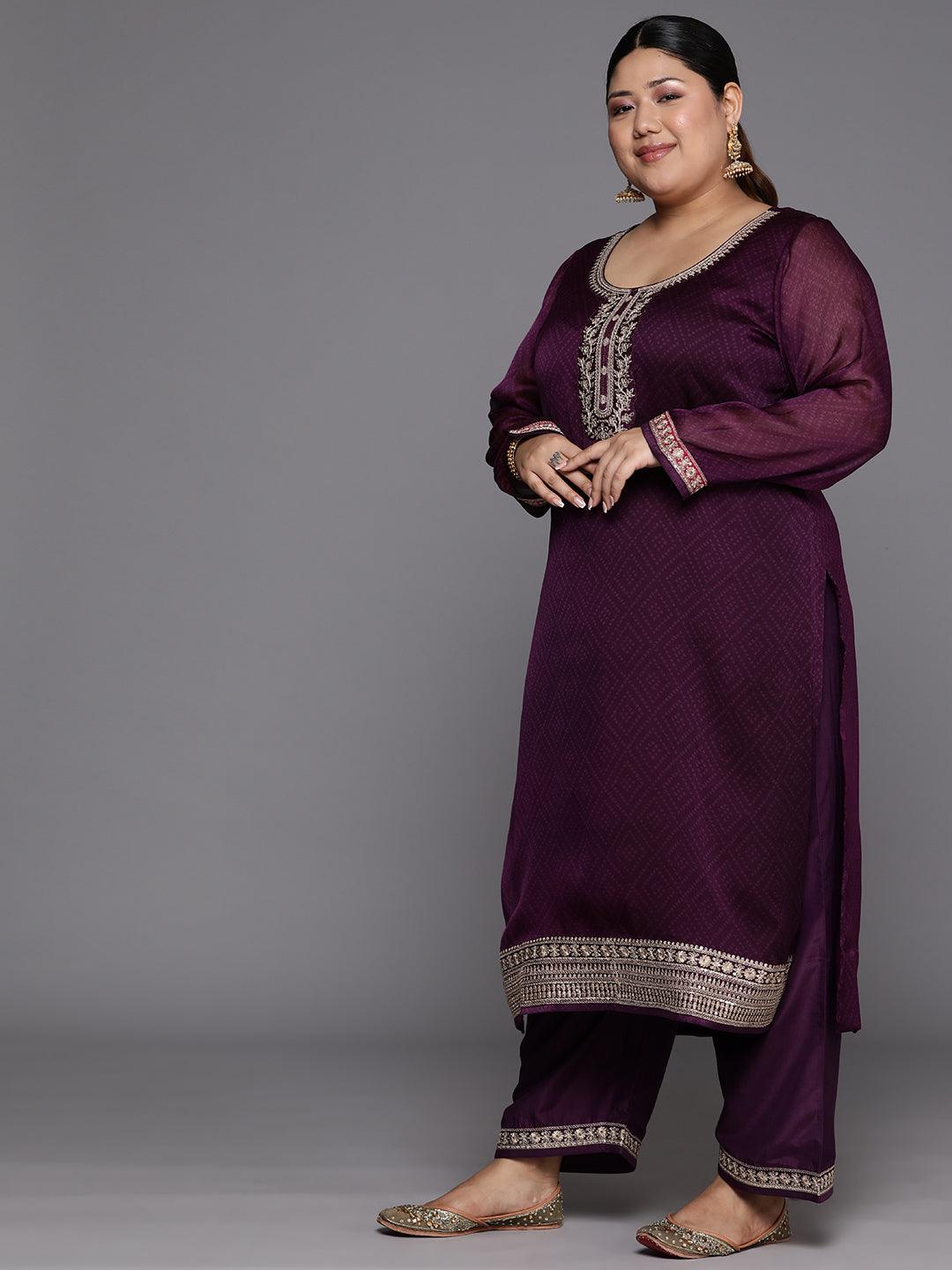 Plus Size Purple Yoke Design Chiffon Straight Kurta With Trousers & Dupatta - Libas