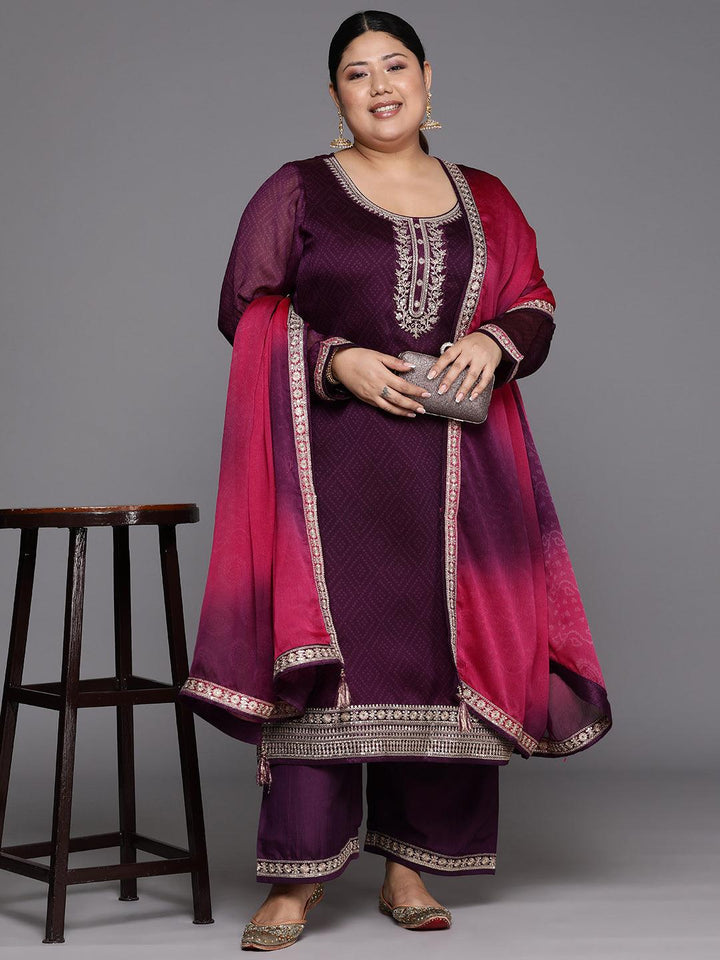 Plus Size Purple Yoke Design Chiffon Straight Kurta With Trousers & Dupatta - Libas