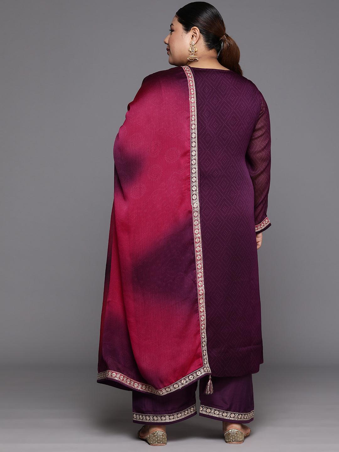 Plus Size Purple Yoke Design Chiffon Straight Kurta With Trousers & Dupatta - Libas