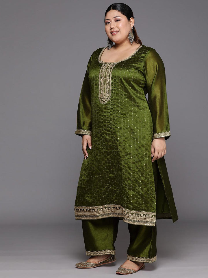 Plus Size Olive Embroidered Silk Blend Straight Suit Set - Libas