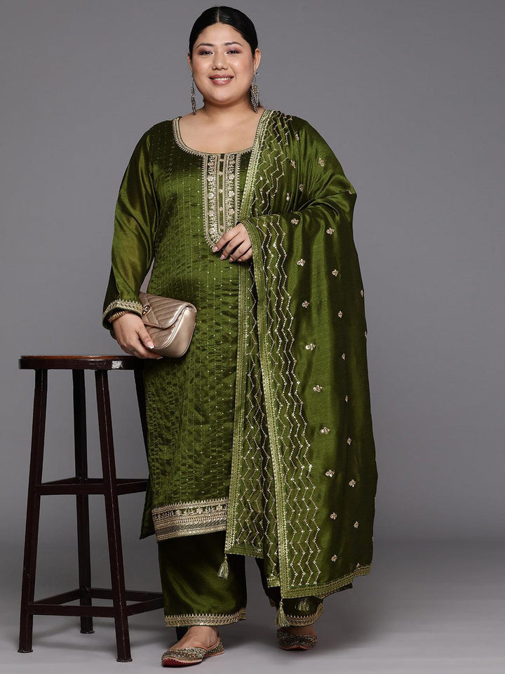 Plus Size Olive Embroidered Silk Blend Straight Suit Set - Libas