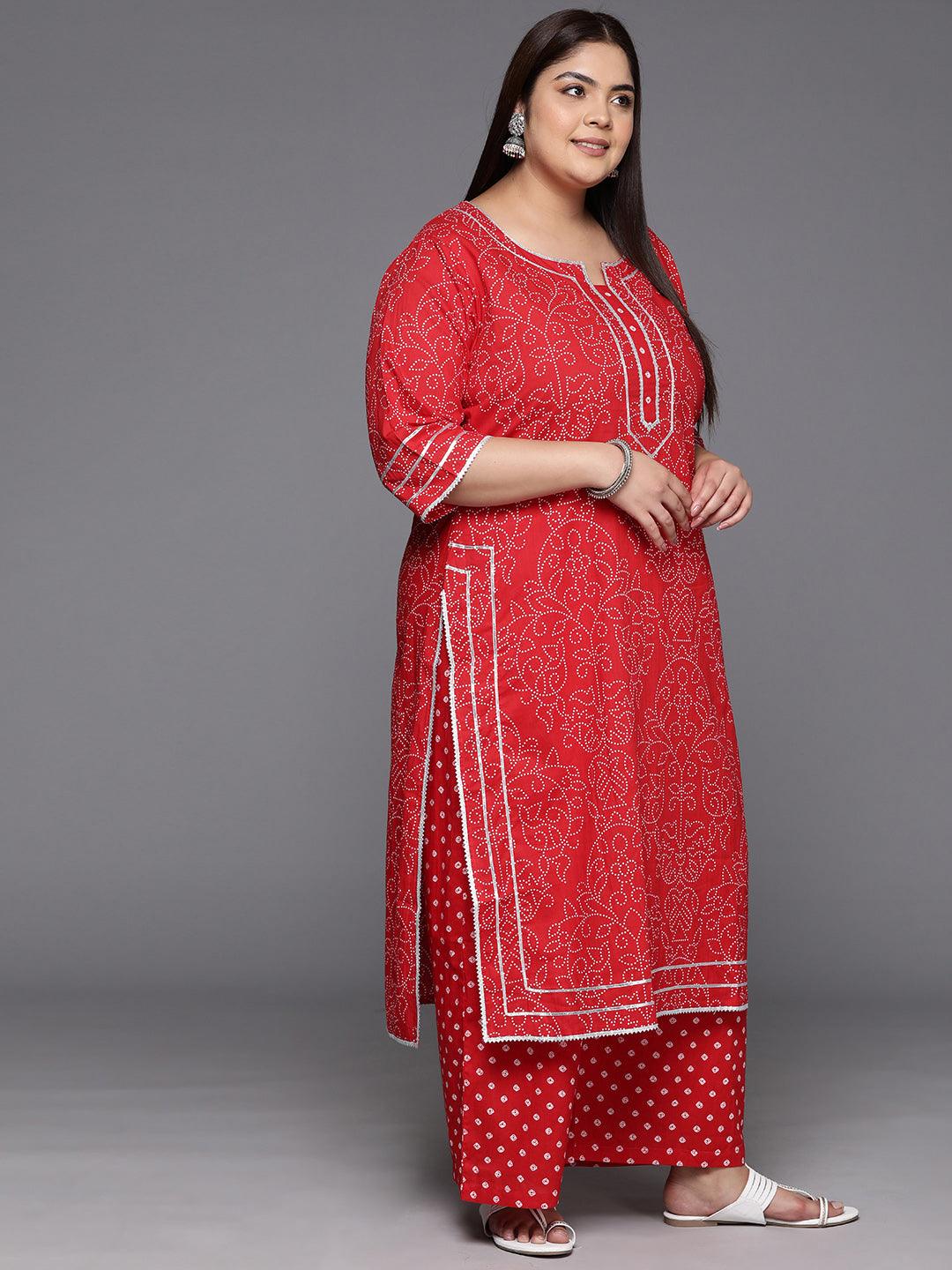 Plus Size Red Printed Cotton Straight Kurta With Palazzos & Dupatta - Libas 