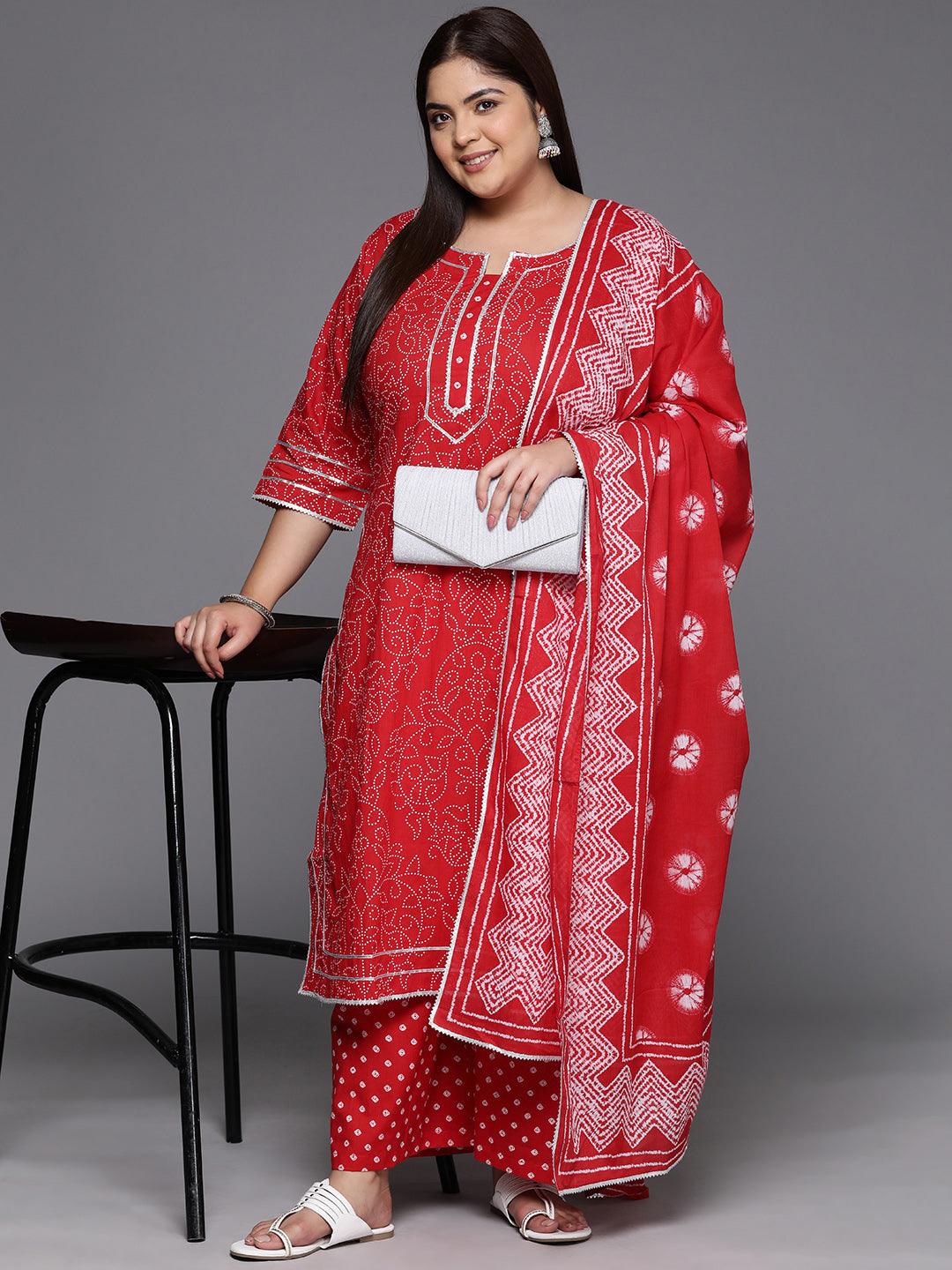 Plus Size Red Printed Cotton Straight Kurta With Palazzos & Dupatta - Libas