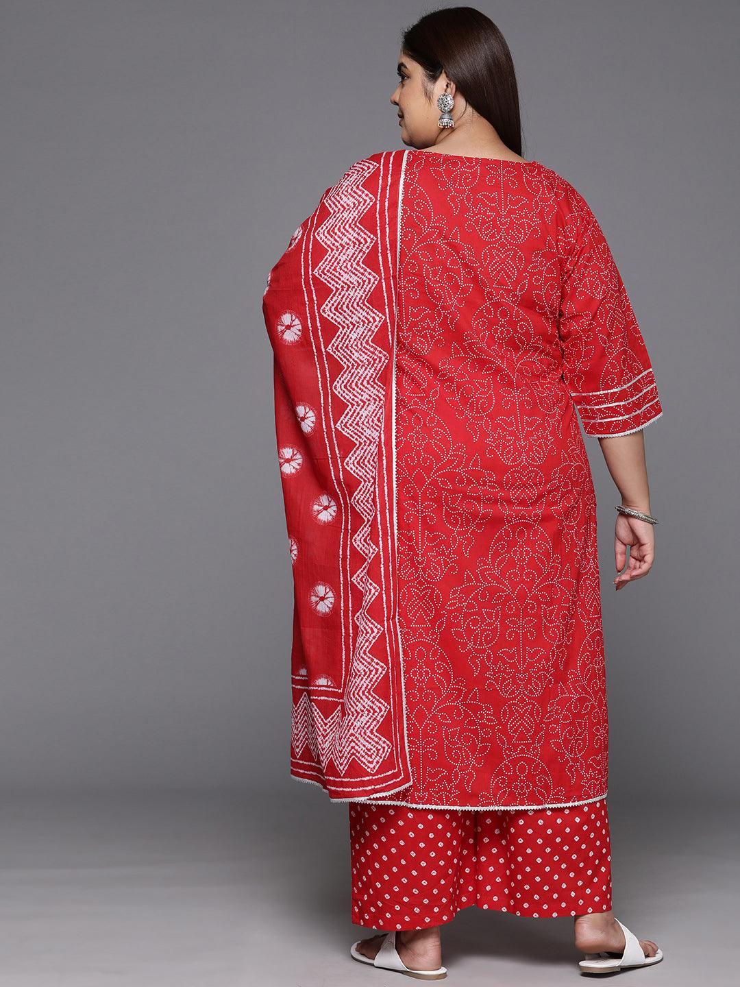 Plus Size Red Printed Cotton Straight Kurta With Palazzos & Dupatta - Libas 