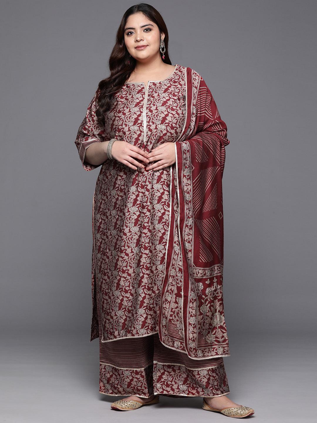 Plus Size Red Printed Silk Blend Straight Kurta With Palazzos & Dupatta - Libas