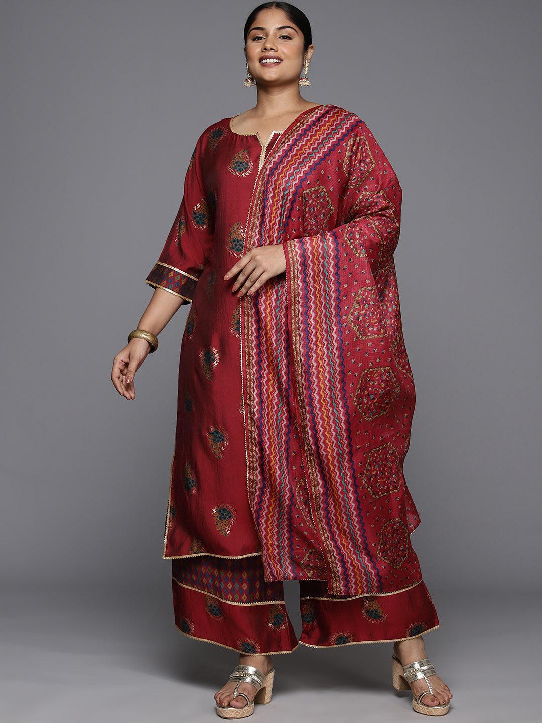 Plus Size Red Printed Silk Blend Straight Kurta With Palazzos & Dupatta - Libas