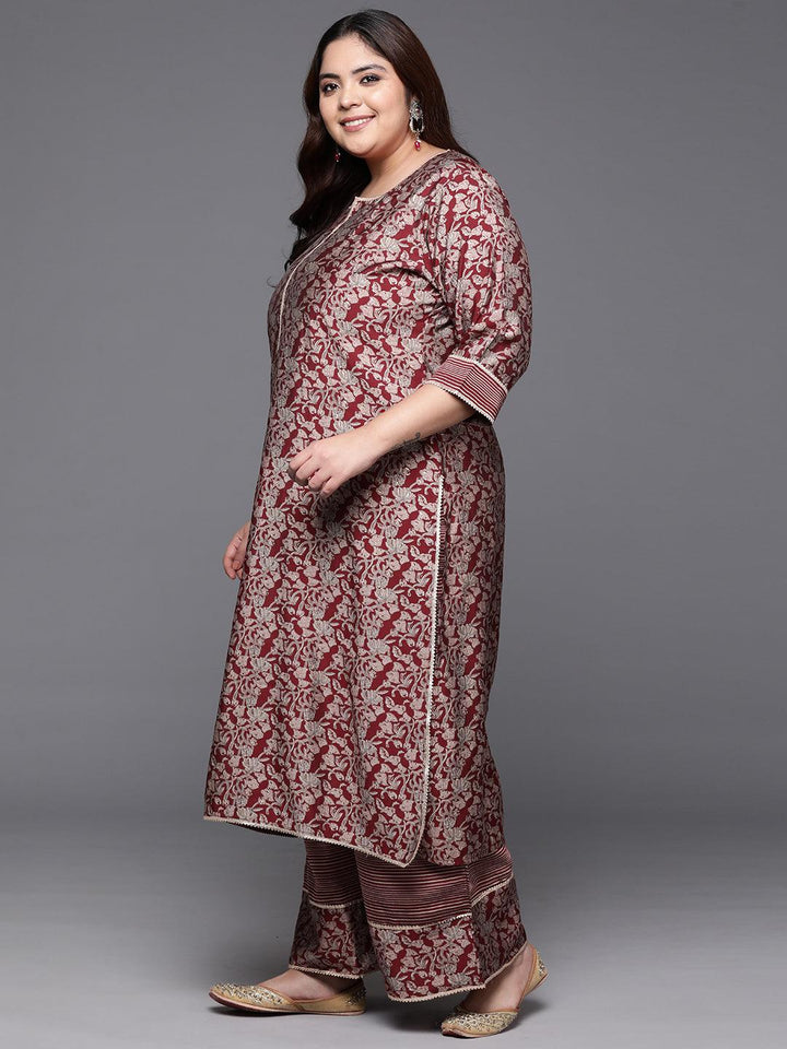 Plus Size Red Printed Silk Blend Straight Kurta With Palazzos & Dupatta - Libas