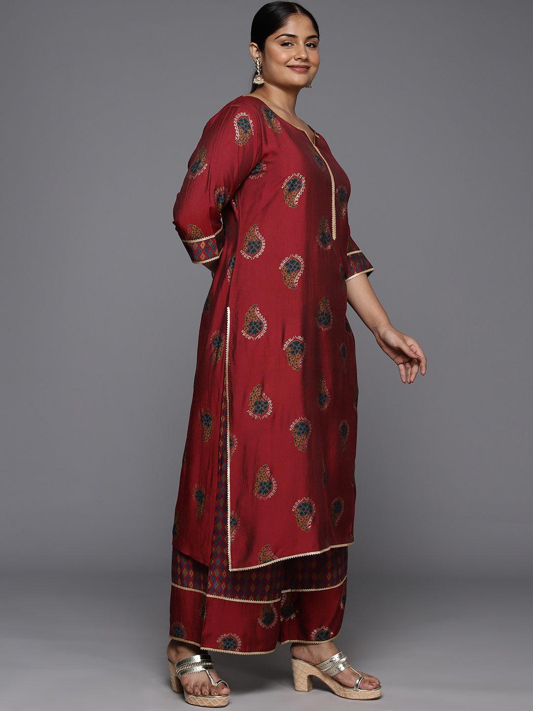 Plus Size Red Printed Silk Blend Straight Kurta With Palazzos & Dupatta - Libas