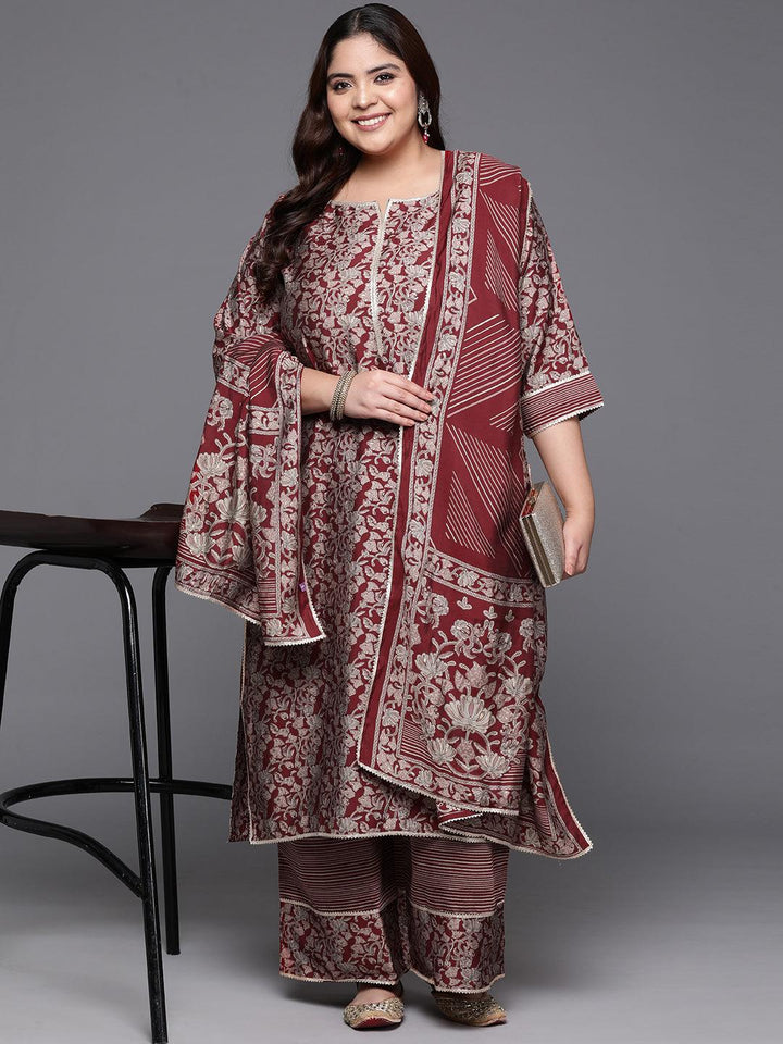 Plus Size Red Printed Silk Blend Straight Kurta With Palazzos & Dupatta - Libas