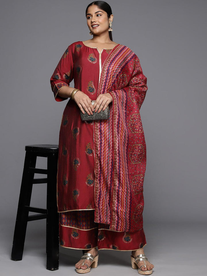 Plus Size Red Printed Silk Blend Straight Kurta With Palazzos & Dupatta - Libas