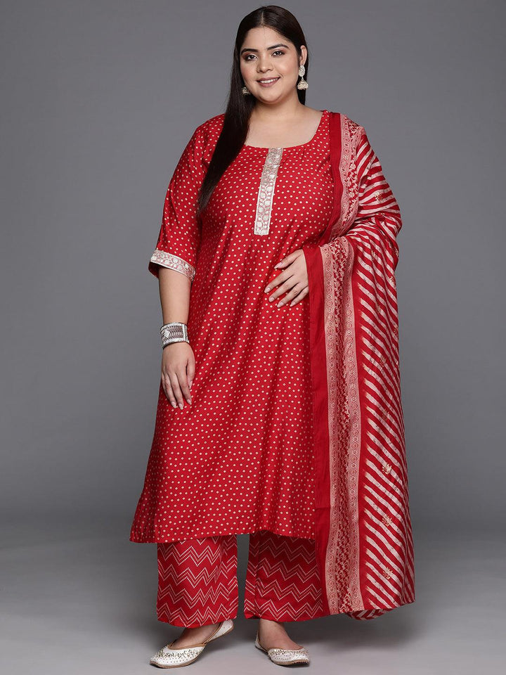 Plus Size Red Printed Silk Blend Straight Kurta With Trousers & Dupatta - Libas