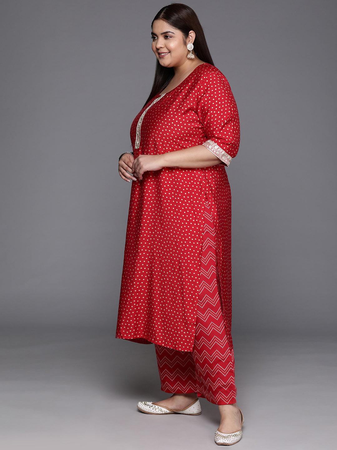 Plus Size Red Printed Silk Blend Straight Kurta With Trousers & Dupatta - Libas