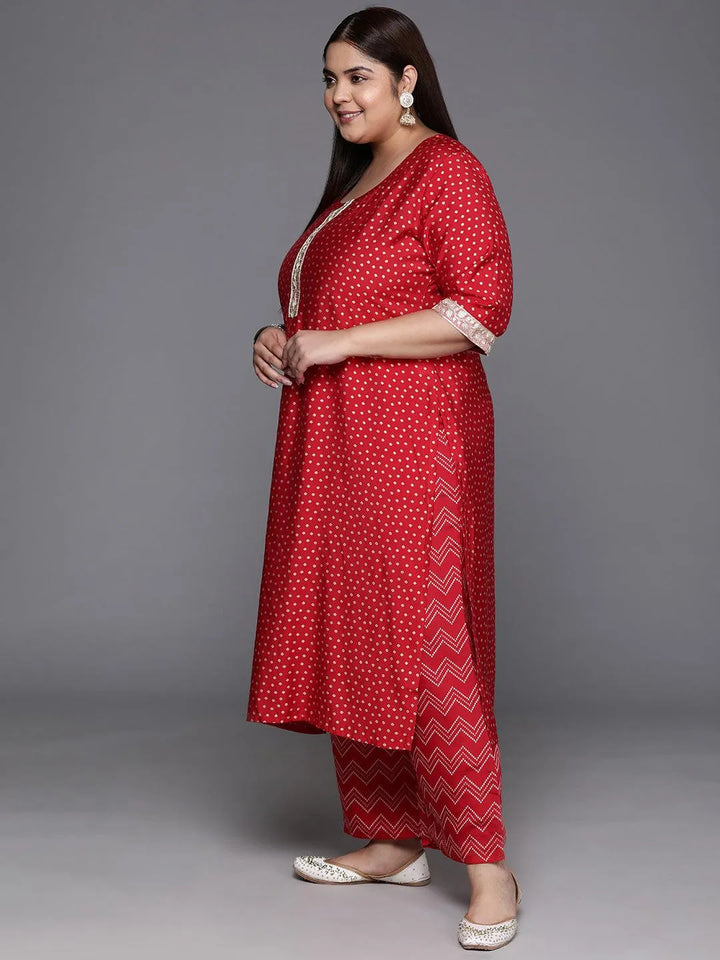 Plus Size Red Printed Silk Blend Straight Kurta With Trousers & Dupatta - Libas