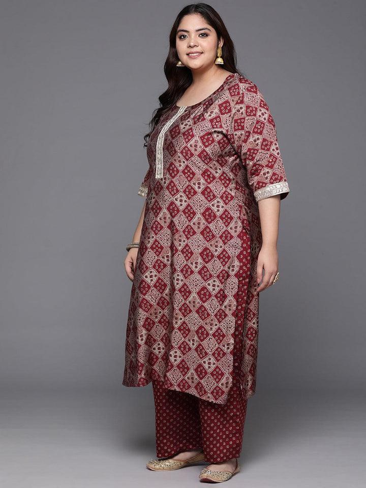 Plus Size Red Printed Silk Blend Straight Kurta With Trousers & Dupatta - Libas