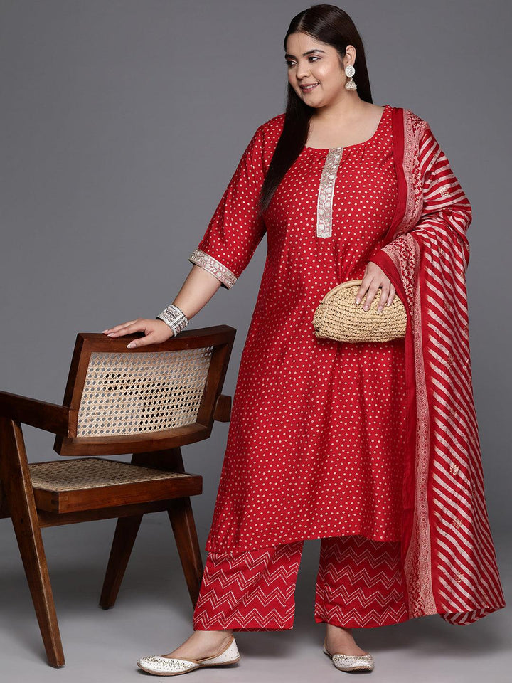 Plus Size Red Printed Silk Blend Straight Kurta With Trousers & Dupatta - Libas