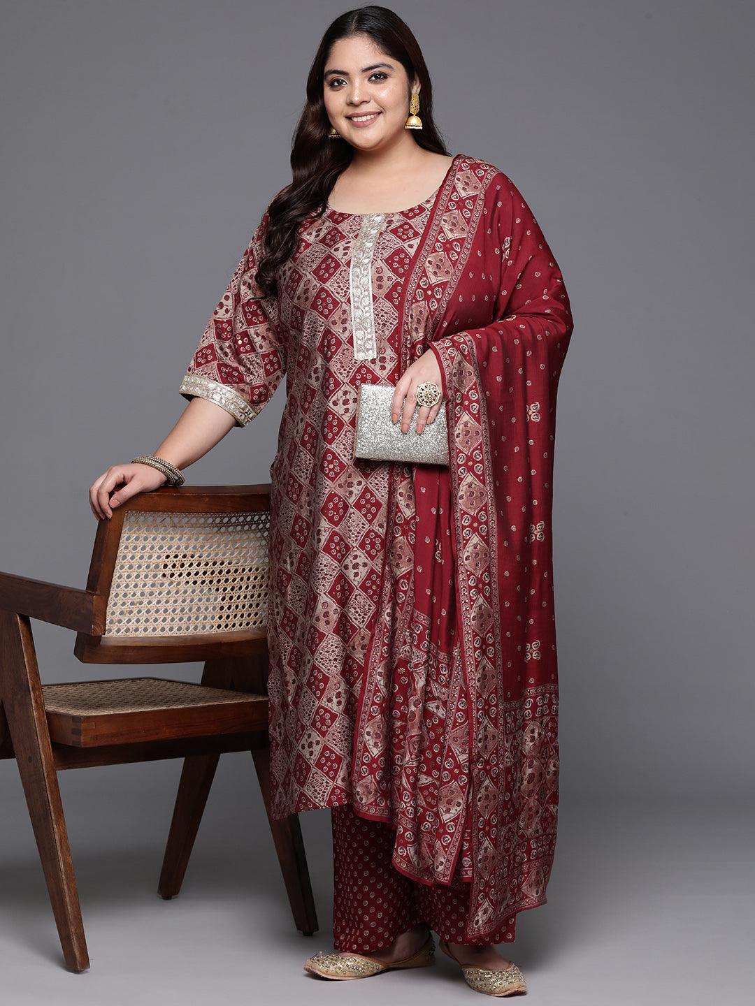 Plus Size Red Printed Silk Blend Straight Kurta With Trousers & Dupatta - Libas