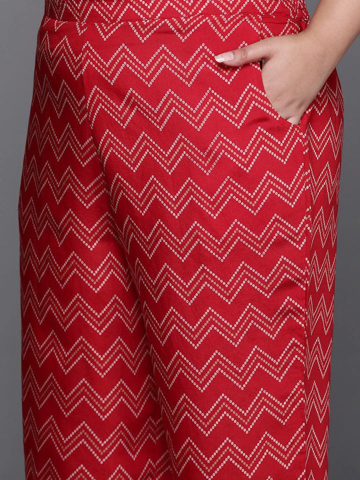 Plus Size Red Printed Silk Blend Straight Kurta With Trousers & Dupatta - Libas